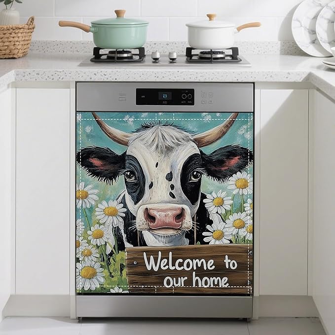 Dishwasher Magnet Cover,Black White Cow Dishwasher Cover Magnetic Daisies Home Appliances Refrigerator Decorative 23" x 26"