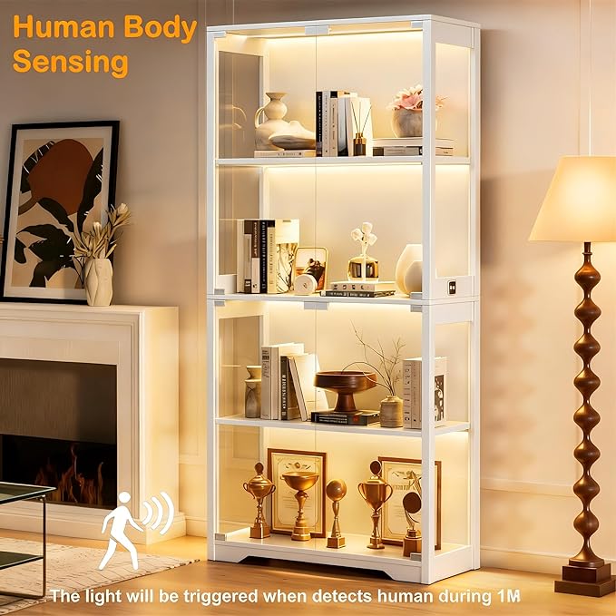 Display Cabinet with Glass Doors, Curio Cabinet with 3 LED Lights and Human Body Sensor, Bookcase with 4 Shelves Storage Cabinets, White