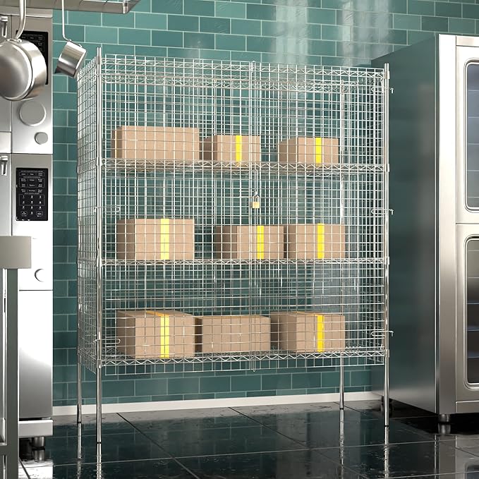 Commercial Grade NSF Listed Metal Wire Mesh Storage Chrome Security Cage Kit, 24" x 60" x 74", Perfect for Warehouse, Grocery Store, Restaurant, Dishroom