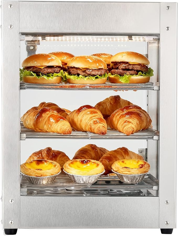 VEVOR 3-Tier Commercial Food Warmer Display, 800W Food Display Warmer with LED Light, Adjustable Shelf and Stainless Steel Frame, 86℉~185℉ Air Heating, 34L for Hamburger, Pizza, Bread, Fried Chicken