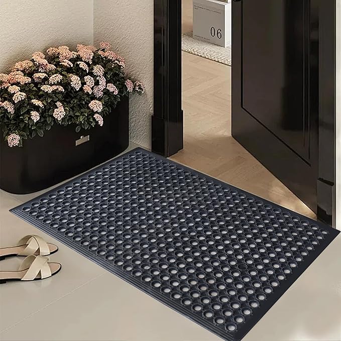 OrangeStar Anti-Fatigue 4-Pack Rubber Floor Mat, 24”x36” Restaurant Kitchen Commercial Drainage Mats, Non-Slip Door Mat w/Holes for Indoor Outdoor Bar Pool, Black