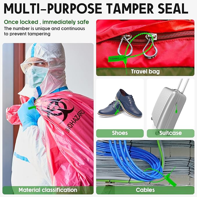 Roowest 2000 Pcs Plastic Tamper Seals Security Tags Seals Safety Numbered Zip Ties Fire Extinguisher Tamper Tags Disposable Self Locking Signage 250 mm Length(Green)