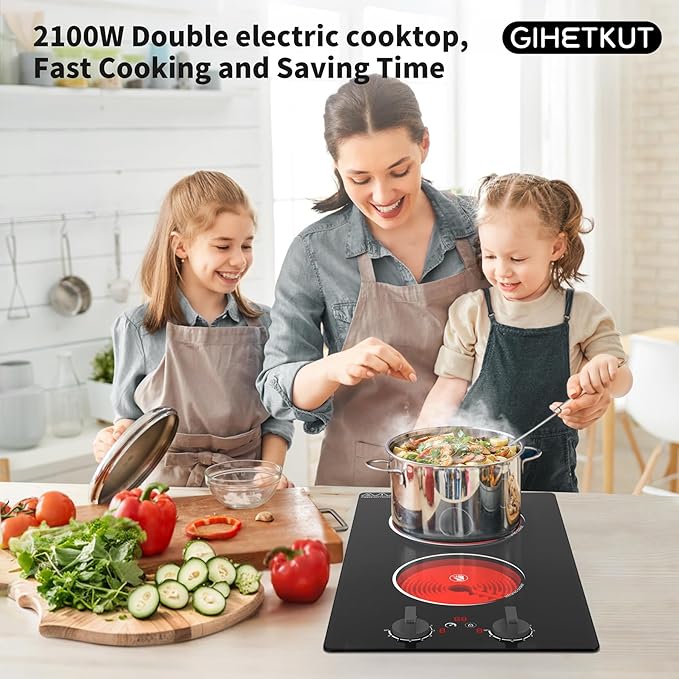 Electric Cooktop,110V 2100W Stove top,Countertop and Built-in 2 burner cooktop,9-speed power, child safety lock, timer, knob and touch control 2 burner Electric cooktop
