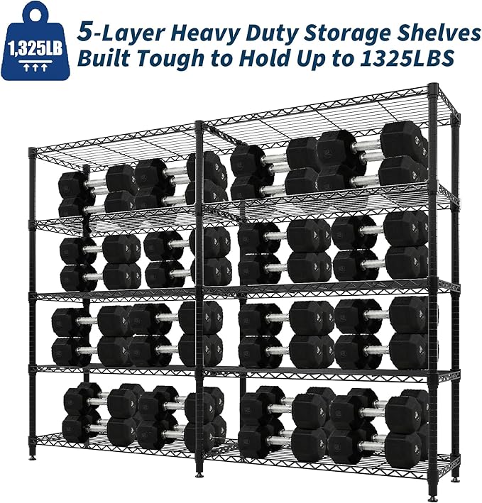 GarveeLife 70" H Storage Shelves L-Shaped 1325 LBS Heavy Duty Metal Shelving 5-Tier Wire Shelving for Corner Storage Rack Adjustable Pantry Shelf for Kitchen Pantry, 70.8" H x 70.5" W x 15.8" D