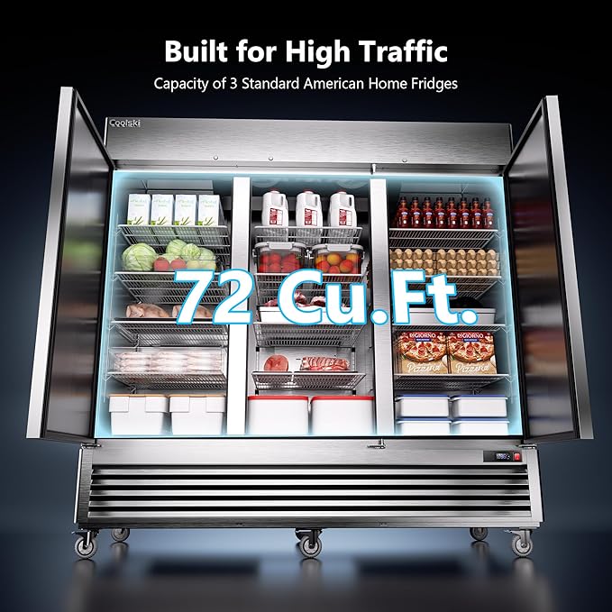 Coolski 82 Inch Commercial Refrigerator 3 Doors, Reach-In Refrigerator Fridge for Restaurants Stores Garages, 72 Cu.Ft. Large Capacity Auto Defrost Fan Cooling, ETL NSF Approved