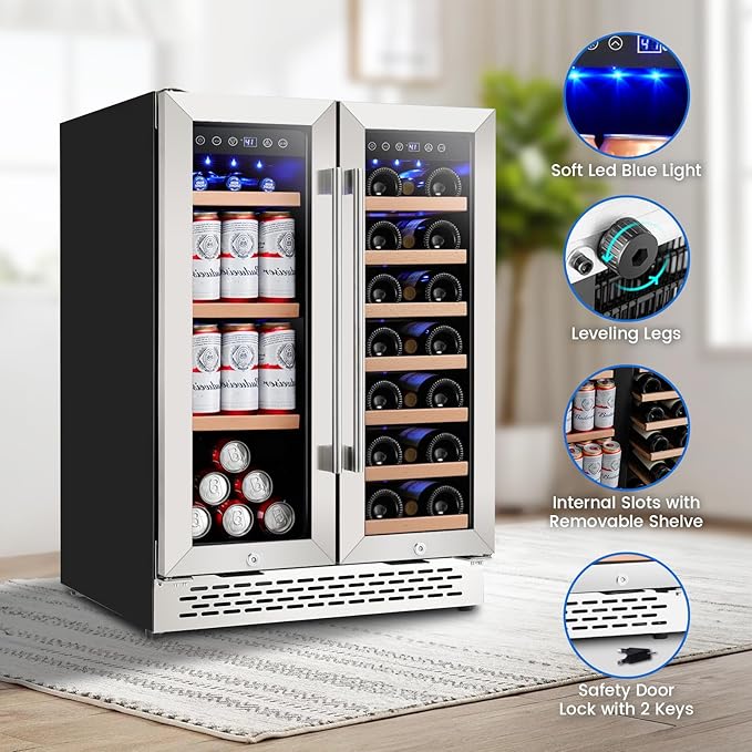 24 Inch Wine and Beverage Refrigerator Under Counter, Dual Zone 20 Bottles & 88 Cans Beverage Fridge with Stainless Steel Tempered Glass Door, Built-in/Freestanding Mini Fridge for Office/Bar/Kitchen
