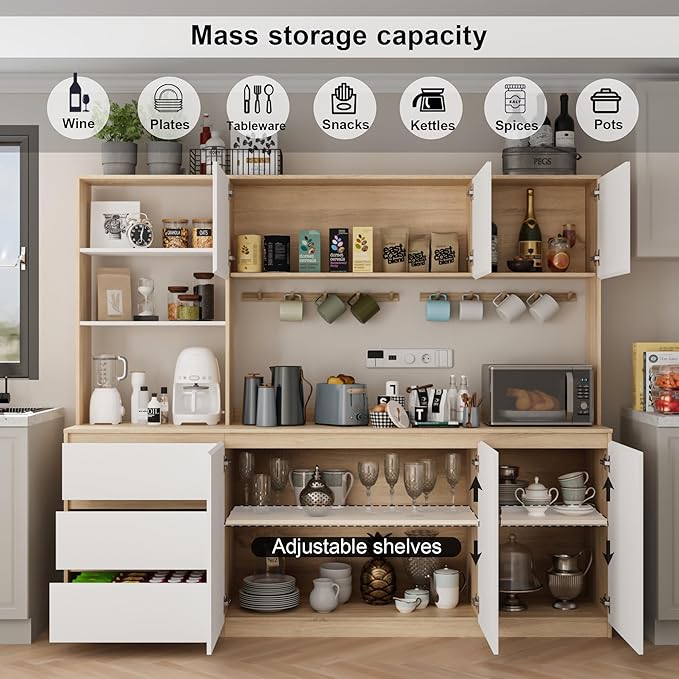 Extra Large Kitchen Pantry with Microwave Shelf, Kitchen Hutch Storage Cabinet with Countertop, Freestanding Countertop Cabinet with 3 Drawers and 3 Open Shelves, White + Walnut