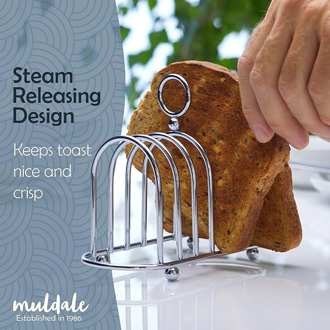 Muldale Toast Rack English Style - Victorian Chrome Holder for 6 Slices - Vintage Sturdy Stainless Steel Toast Stand with Ball Feet - British Caddy - 0.5" Wide Gap