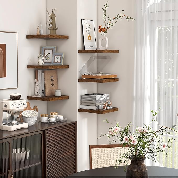 Square Floating Shelves for Wall 8"W x 8"D x 1.2"H, Engineered Wood Wall Shelves with Invisible Brackets for Living Room Bedroom Bathroom Office Kitchen Storage & Decor, Rustic Brown Finish, Set of 3