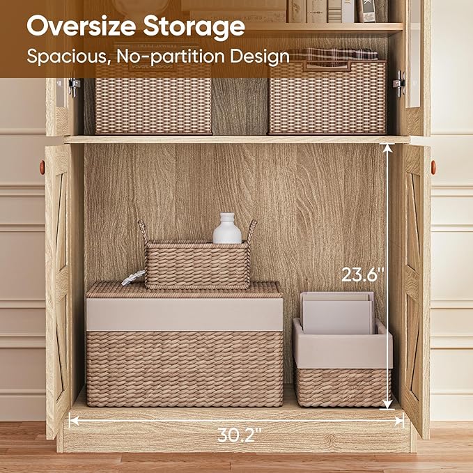 Vyre 71" Tall Farmhouse Kitchen Pantry – Large Storage Cabinet with Glass Doors & Adjustable Shelves, Versatile Wood Hutch for Living Room & Dining Room, Brown