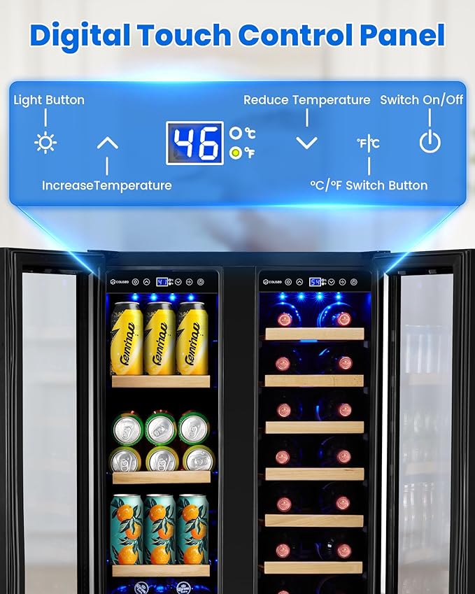 24 Inch Wine and Beverage Refrigerator Under Counter, Dual Zone Black Beverage Fridge with Glass Door&Lock,20 Bottles & 88 Cans Wine and Beverage Cooler, Freestanding Mini Fridge for Bedroom Home