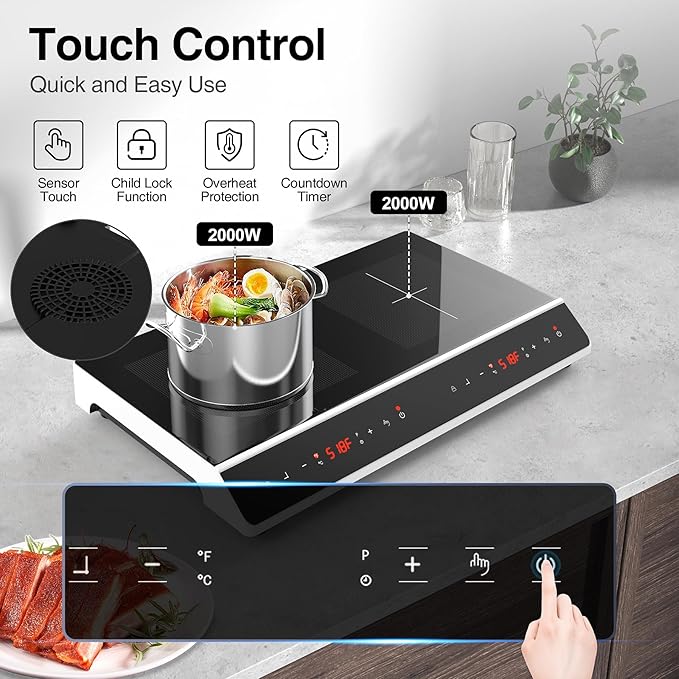 Double Induction Cooktop, 4000W 2 burner Induction cooktop with LED Touch Screen 10 Levels Settings with Child Safety Lock & Timer 110V Electric burner with hot plate