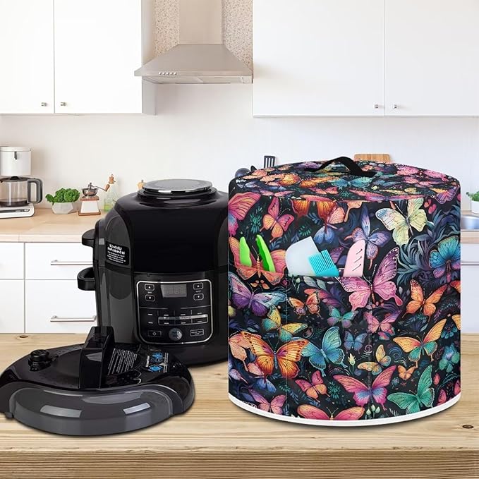 Insulated Pressure Cooker Appliance Cover, Also Fit for Rice Cooker, Air Fryer and Crock Pot, 8 Quart Dust Cover with Pocket for Spoon/Cooking Utensils/Recipes, Washable, Butterfly Various