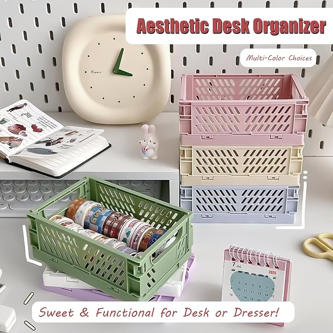 Small Pastel Plastic Storage Bins 2Pcs Foldable Pastel Crates Plastic Basket Colorful Storage Containers Baskets for Classroom Kitchen Office Bedroom Desktop Home Decor (Pink 5.8" x 3.8" x 2.2")