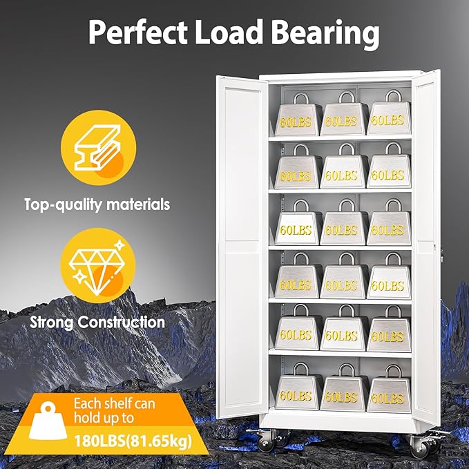 75''H Metal Garage Storage Cabinet with Wheels,Steel File Cabinets with 2 Doors and 5 Adjustable Shelves for Home Office, Warehouse, Required Assembly,White