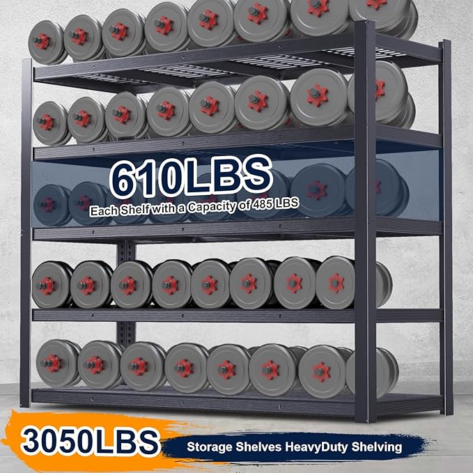 Heavy Duty Storage Shelves 24" D x 62" W x 72" H, 3050 lbs Metal Shelving Rack, Garage Storage Shelf, Estantes de Almacenamiento, Black Basement Shelving Unit, Adjustable Garage Rack