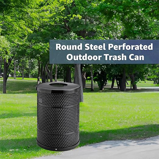 32 Gallon Perforated Trash Can with Flat Lid, Steel Outdoor Heavy-Duty Commercial Waste Bin, Round Recycle Container, Durable Garbage Can for Parks, Municipalities, Schools, Parking