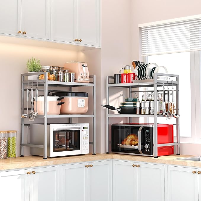 PUSDON Microwave Oven Rack, Adjustable Shelf Organizer 3-Tiers with 3 Hooks, & 160lbs Capacity for Kitchen Counter, Silver Grey