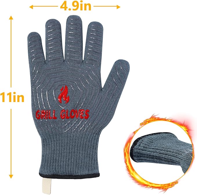 QUWIN BBQ Gloves, Oven Gloves 1472℉ Extreme Heat Resistant, Grilling Gloves Silicone Non-Slip Oven Mitts, Kitchen Gloves for BBQ, Grilling, Cooking, Baking-1 Pair… (Grey, One Size Fits Most)