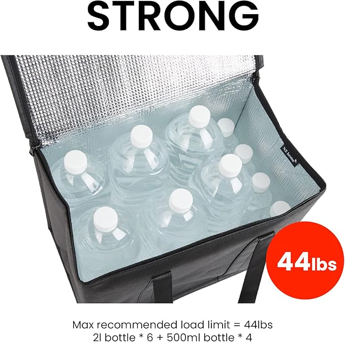 NZ home Insulated Cooler Bag and Food Warmer (Medium, 2 pack) for Food Delivery & Grocery Shopping with Zippered Top, Black