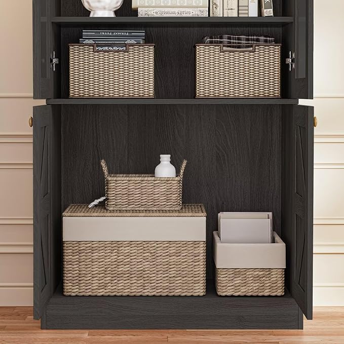 Vyre 71" Tall Farmhouse Kitchen Pantry, Large Storage Cabinets with Glass Doors, Adjustable Shelves, Wood Versatile Hutch Cabinet for Living Room, Dining Room, Kitchen, Black