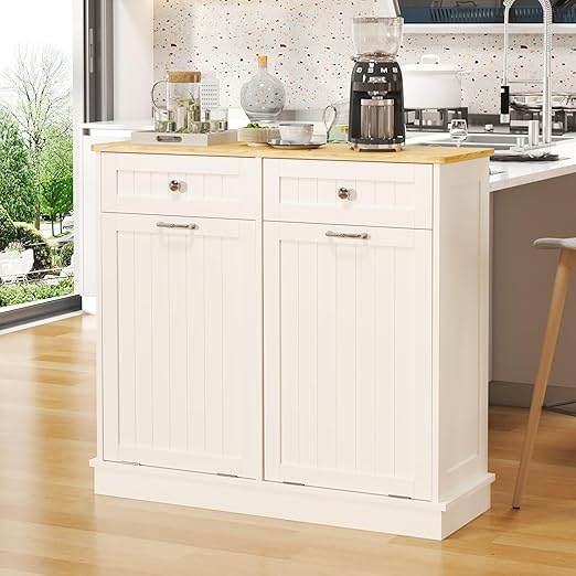 Tilt Out Trash Can Cabinet Dog Proof with Double Wood Hidden Holder, Kitchen Free Standing Recycling Cabinet（White）