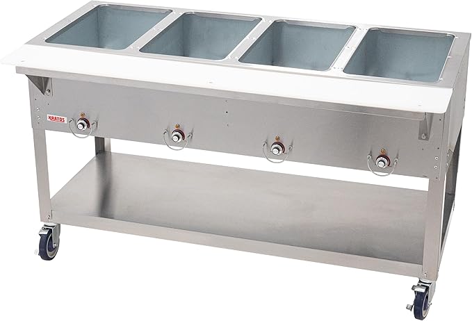 Kratos Commercial Mobile Electric Steam Table/Hot Food Table, 4 Wells, Stainless Steel, NSF 240V (28W-199)