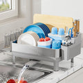 Dish Drying Rack, 304 Stainless Steel Dish Racks for Kitchen Counter, Dish Drainers with Automatic Drainage, Utensil Holder & Cups Holder, Space Saving Kitchen Organizer, Gray