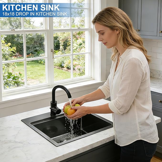 Scamall 18x18x10 Drop In Kitchen Sink Workstation, Nano Black 304 Stainless Steel Deep Single Bowl with Quick Drainage & Tarnish-Free Surface for Bar, Laundry, RV, Includes Accessories