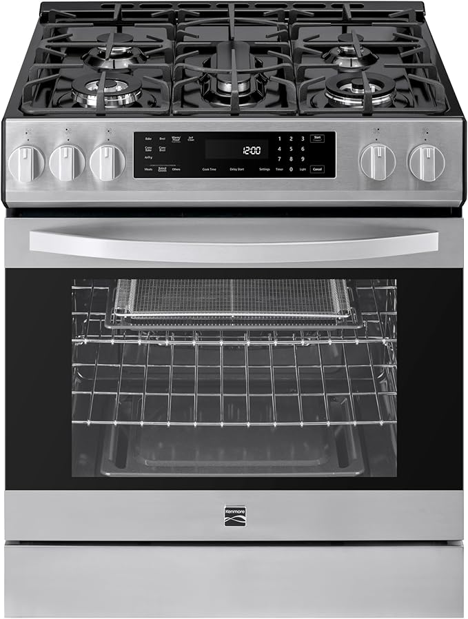 Kenmore 2276843 5.6 cu. ft. Front Control Gas Range Oven with 5 Burners - Fan Convection, Air Fry, Self Clean, Turbo Boil+, Chrome Racks, Cast Iron Grates, Wok Ring, LP Kit - Stainless Steel