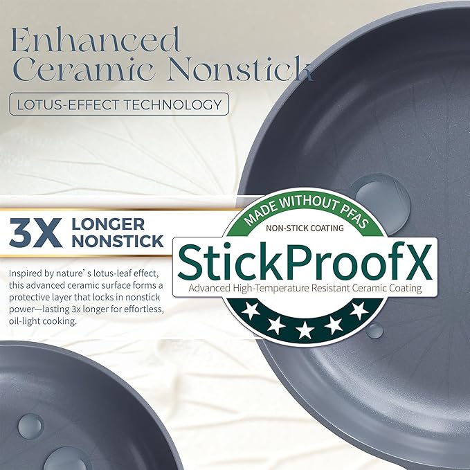 PRICUSIS Nonstick Ceramic Frying Pan Skillet, 8+12 Inch Induction Compatible with Stay Cool Handle, Healthy PTFE PFAS & PFOA Free Omelet Pan, Dishwasher Safe (Blueberry Gray)