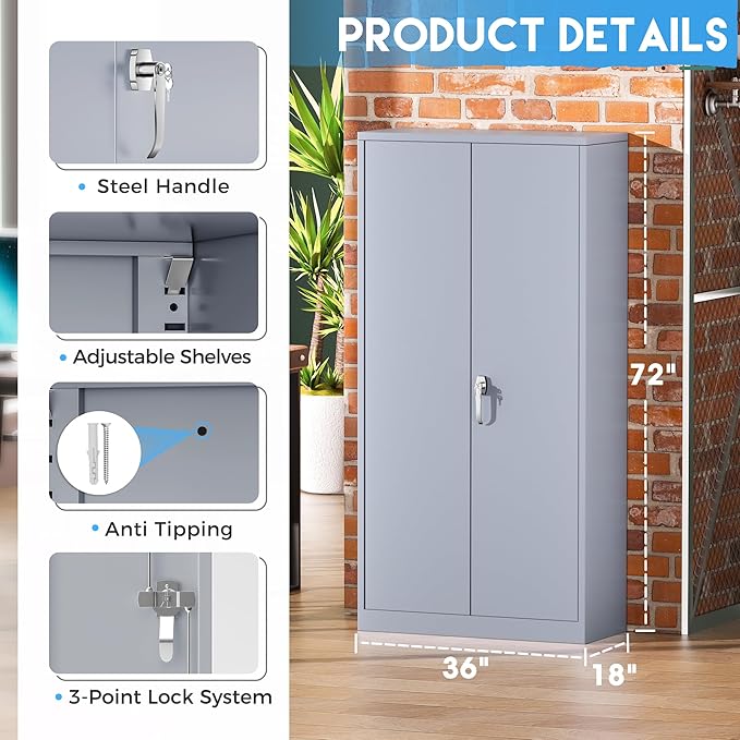 Greenvelly Metal Storage Cabinet with Doors, 72" Lockable Steel Garage Storage Cabinet with Shelves, Dark Grey 36" W x 18" D