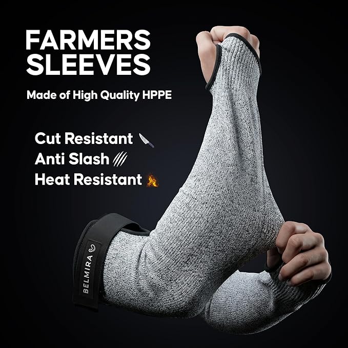 Belmira Cut Resistant Sleeves with Thumb Hole - ANSI A4 Arm Protectors for Thin Skin and bruising, Thorn Proof Gardening Sleeves for Men & Women With Adjustable Fit (1 Pair, 18", Grey)