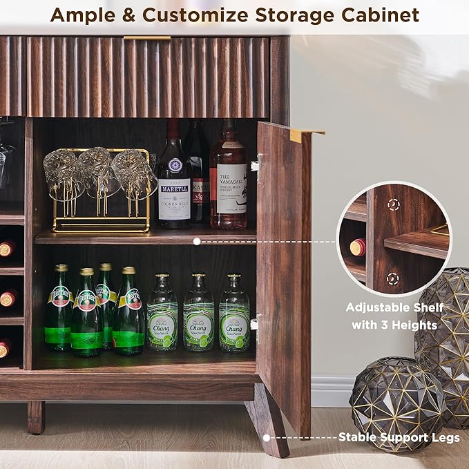 OKD 60" Fluted Buffet Cabinet with Storage - 3 Drawers and 2 Doors, Mordern Wine & Coffee Bar Cabinet with Wine and Glass Racks, Sideboard with Adjustable Shelves for Kitchen, Dining Room,Walnut
