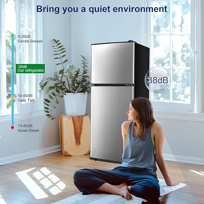 4.8 Cu. Ft. Fridge with Freezer, 2-Door Mini Fridge with Freezer, Adjustable Thermostat Small Refrigerator, Dorm Refrigerator for Apartment, Office, Kitchen, Silver
