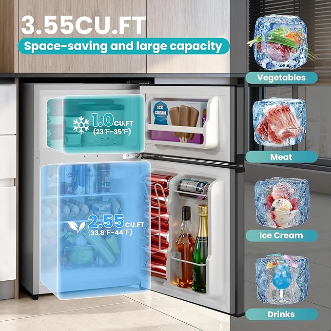 Double Door Refrigerator with Freezer, 3.55 Cu.Ft, Small Fridge with Freezer, 7 Settings Temperature Adjustable, Mini Refrigerator for Office and Apartment Bedroom Dorm(3.55 Cu.Ft, Silver)