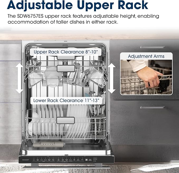 SHARP SDW6757ES Slide-In Dishwasher, Stainless Steel Finish, 24" Wide, Soil Sensors, Premium White LED Interior Lighting, Smooth Glide Rails, Heated Dry Option, Responsive Wash Cycles, Power Wash Zone
