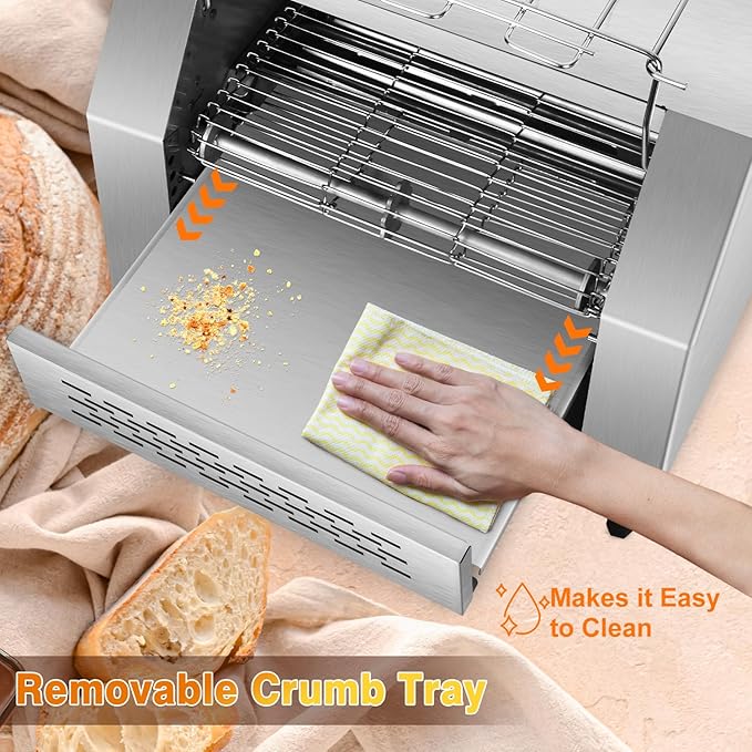 Commercial Toaster 300 Slices/Hour 1900W Heavy Duty Industrial Conveyor Toaster Stainless Steel Electric Oven with Dual Heating Tube 7-speed Adjustments for Bagel Croissant Restaurant Bakery Cafe