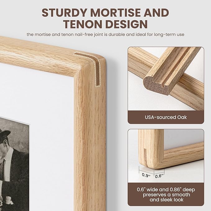 Axeman 8x10 Oak Frame - Rounded Corner 8 x 10 Picture Frame Matted to 5x7 - Natural Oak Wood 8 by 10 Photo Frame with Tempered Glass for Tabletop or Wall Mount Display