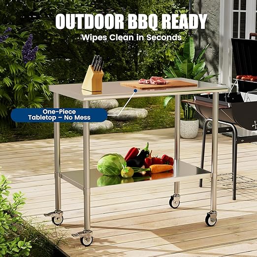 Stainless Steel Work Table with Wheels, 24x48 Inch NSF Kitchen Prep Table with Adjustable Undershelf for Commercial Restaurant, Garage, Outdoor BBQ