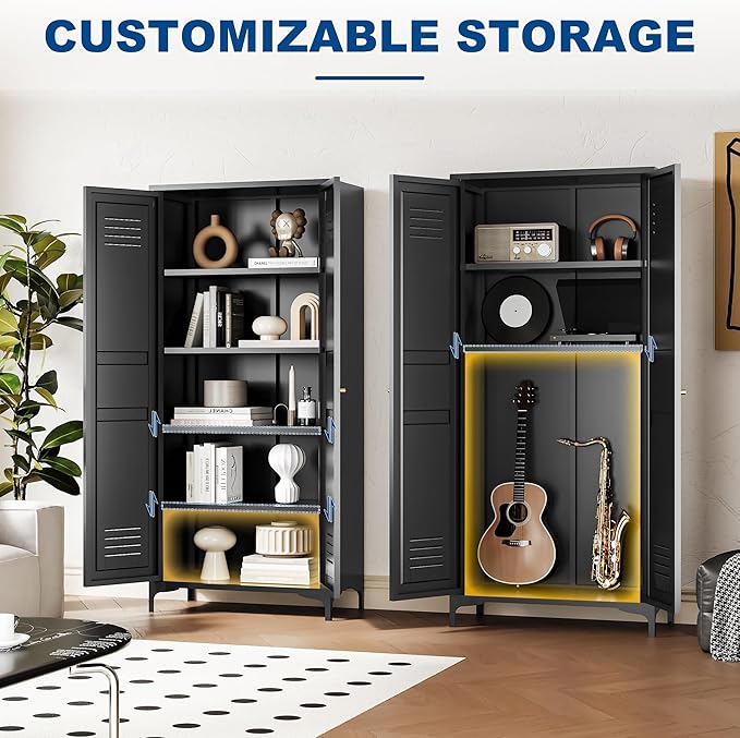 Metal Storage Cabinet-61” Tall Steel File Cabinets with Doors and 4 Adjustable Shelves-Black Steel Storage Cabinet for Home,Kitchen, School, Office, Garage