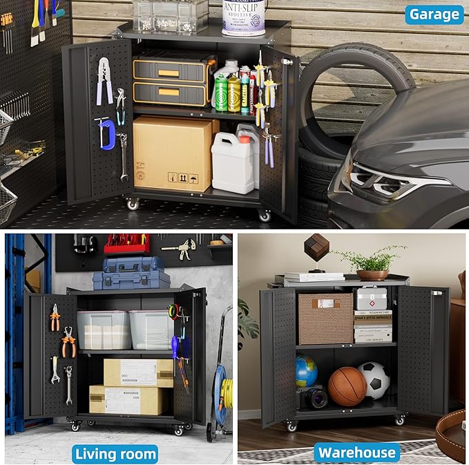 SUXXAN Metal Storage Cabinet with Wheels, Rolling Storage Cabinet with 2 Doors and Adjustable Shelves, Pegboard and 4 Hooks, Suitable for Garage, Home, Office, School, Black