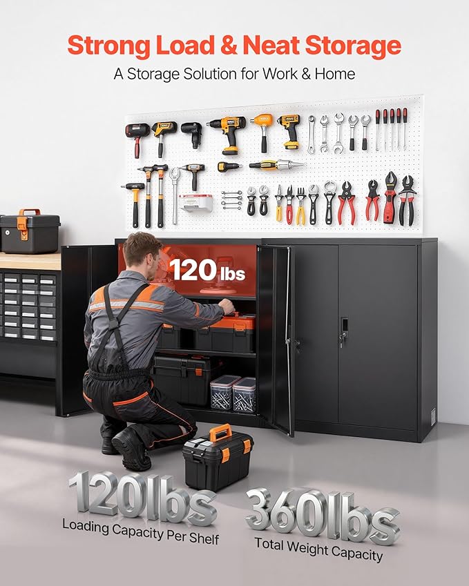 VEVOR Metal Storage Cabinet, 41.7 in Steel Garage Cabinet with 2 Adjustable Shelves, 2 Magnetic Doors & 2 Keys, 3 Tiers Lockable Tool Storage for Pantry, Warehouse, Basement, Office, Black