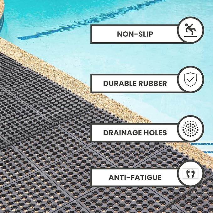 Envelor Interlocking Rubber Floor Mat Restaurant Kitchen Mat Commercial Entrance Door Mat Durable Non-Slip Bar Mat Utility Drainage Mat Indoor Outdoor Wet Areas 3' x 3' - Pack of 4