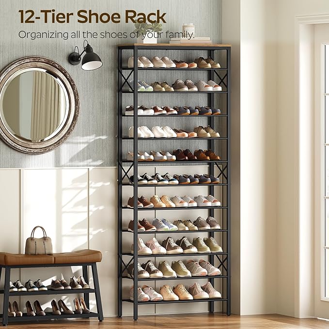 12 Tier Shoe Rack, Large Capacity Shoe Storage Organizer Holds 48 Pairs, Sturdy and Stable, for Entryway, Hallway, Closet, Dorm Room, Rustic Brown SS12BR