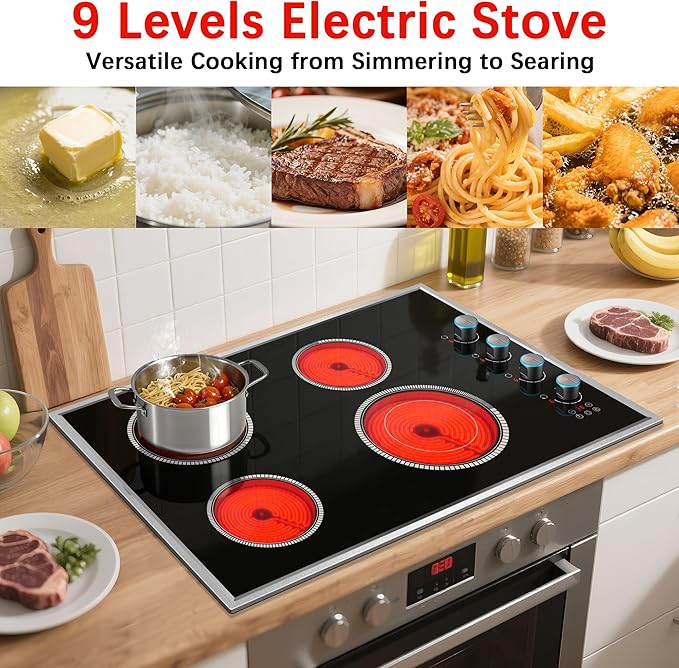 30 Inch Electric Cooktop, 4 Burner Electric Stove Top with Knob Control, 6700W Stove Top Burner with Overheat Protection, Child Lock, Timer, Durable Metal Frame, Bulit-in Glass Top 220-240V Hardwired