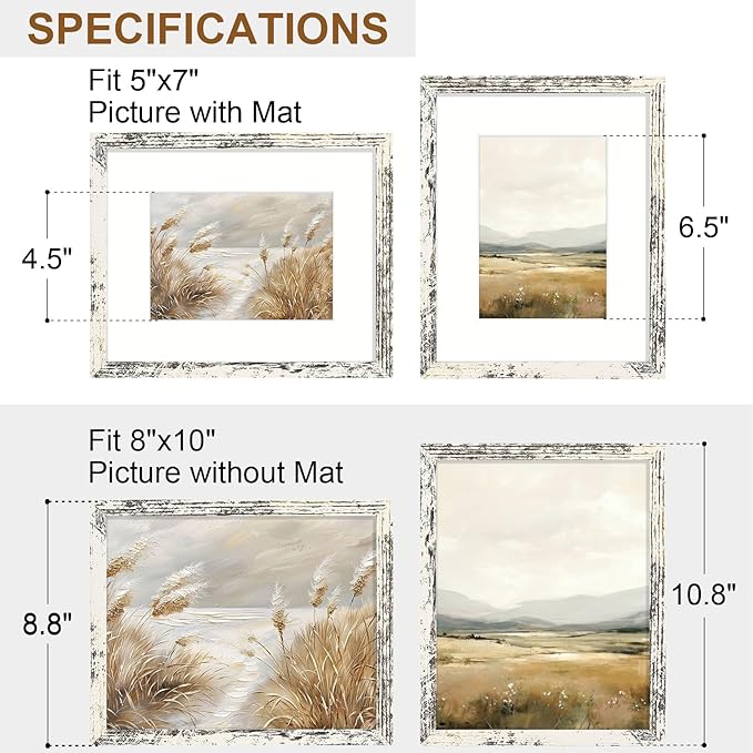 Vittanly 8x10 Picture Frame Set of 2, Solid Wood Frame for Wall or Tabletop, Display Photo 5x7 with Mat or 8x10 without Mat, Distressed White