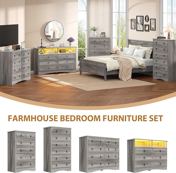 Grey 6 Drawer Dresser for Bedroom with LED Lights and Charging Station, Wood 6 Chest Drawers, Large Storage for Clothes, for Living Room, Bedroom, Hallway, Taupe Grey