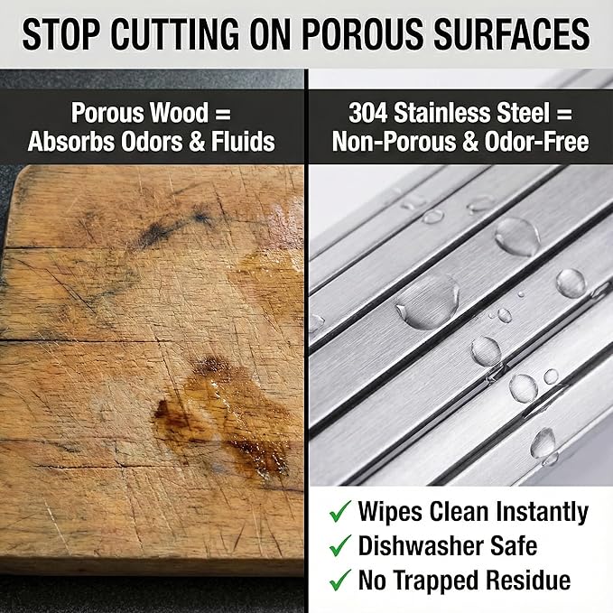 304 Stainless Steel Rollable Cutting Board – Space-Saving Over-the-Sink Workstation for RVs and Small Kitchens – Rust-Proof Heat Resistant Dishwasher Safe Non-Slip Multi-Use Prep Mat (16.7" L x 13" W)