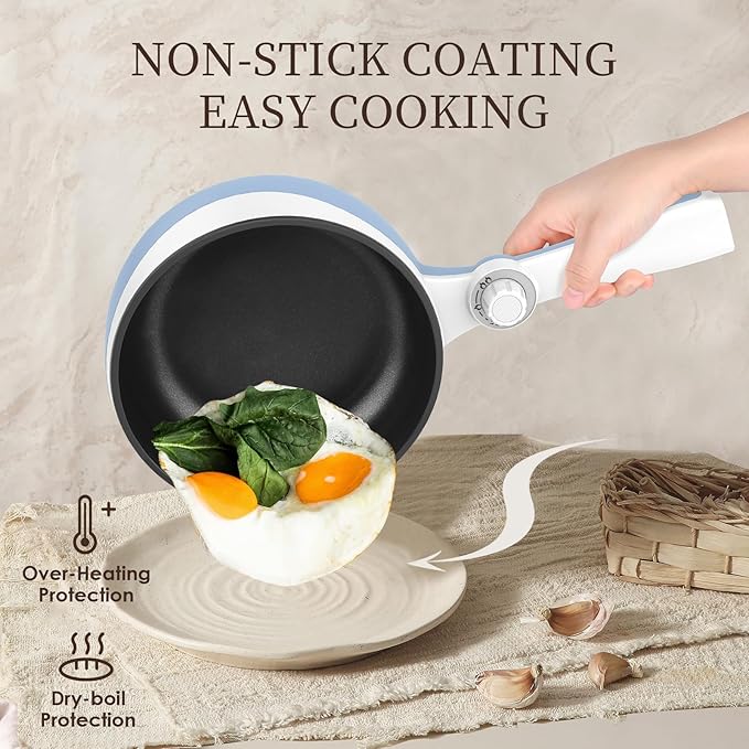 Audecook Hot Pot Electric, 1.7L Mini Electric Skillet Portable Nonstick Sauté Pan with Power Adjustment, Ramen Cooker Travel Multicooker for Steak/Soup/Egg/Oatmeal/Noodles (Tongs for Cooking Included)